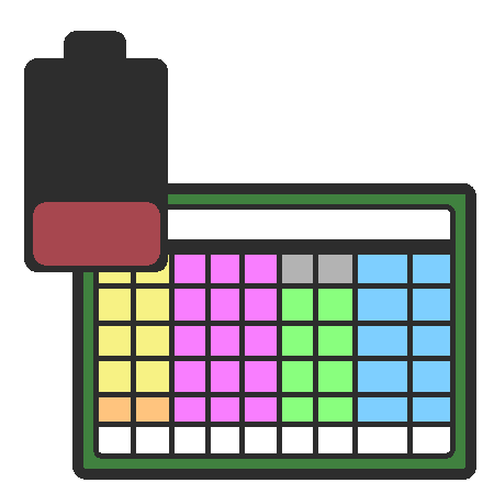 A drawing of an AAC device with a battery in the upper left, which has one red bar.